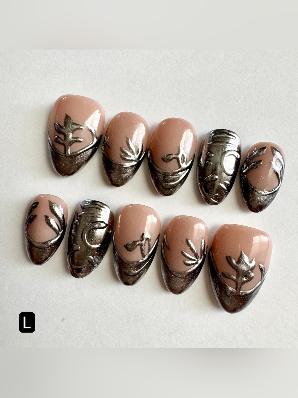 Neutral Nude & Metallic Gunmetal Press-On Nails